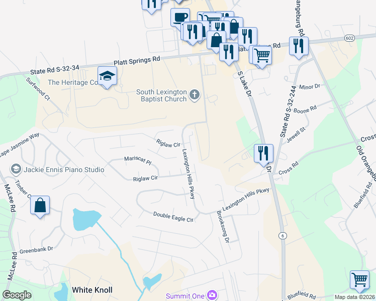 map of restaurants, bars, coffee shops, grocery stores, and more near 201 Whixley Lane in Lexington