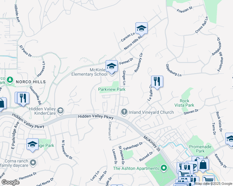 map of restaurants, bars, coffee shops, grocery stores, and more near 2045 Las Colinas Circle in Corona