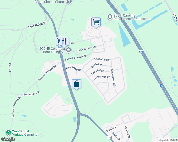 map of restaurants, bars, coffee shops, grocery stores, and more near 304 Southall Road in West Columbia
