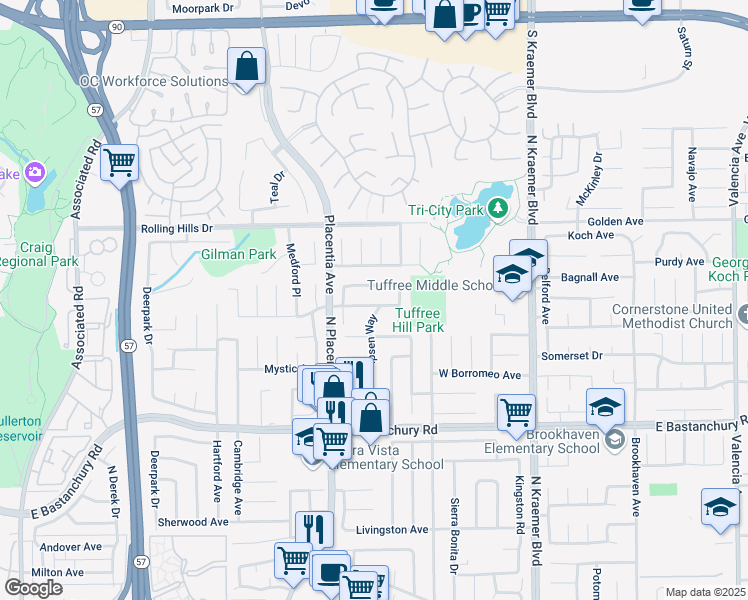 map of restaurants, bars, coffee shops, grocery stores, and more near 313 Marymont Avenue in Placentia
