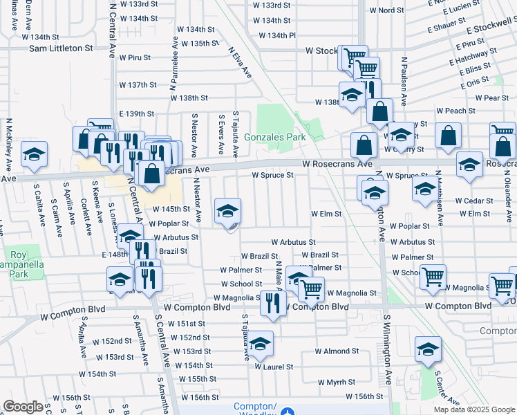 map of restaurants, bars, coffee shops, grocery stores, and more near 706 North Northwood Avenue in Compton