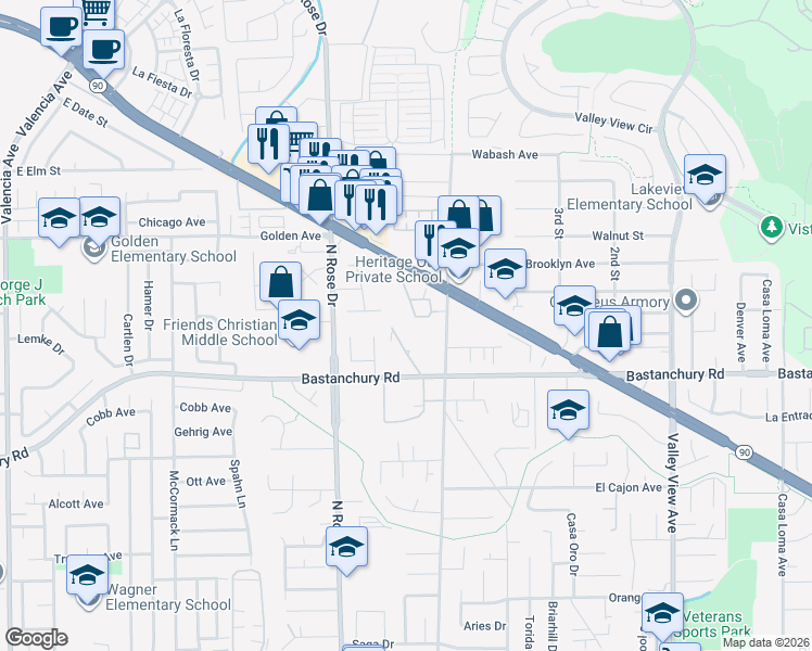 map of restaurants, bars, coffee shops, grocery stores, and more near 4091 Prospect Avenue in Yorba Linda