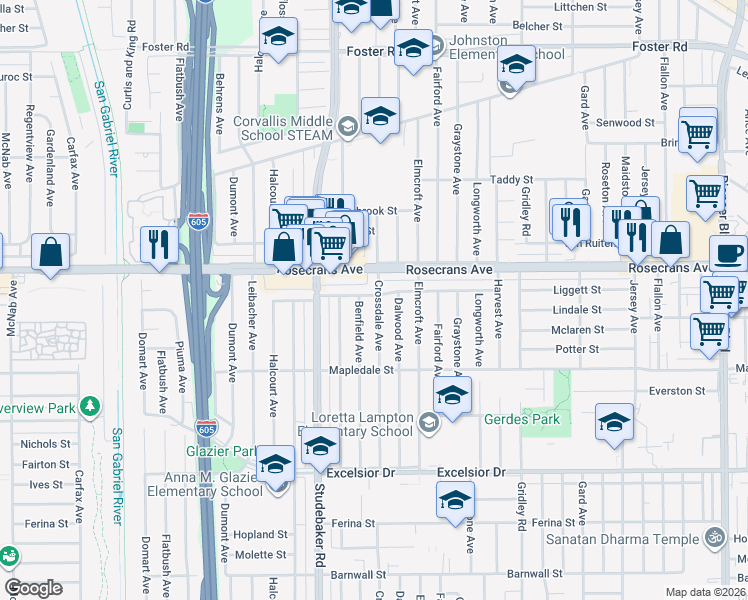 map of restaurants, bars, coffee shops, grocery stores, and more near 11059 Liggett Street in Norwalk