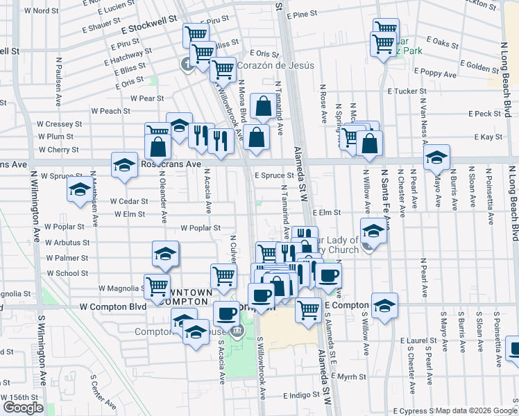 map of restaurants, bars, coffee shops, grocery stores, and more near 107 East Cedar Street in Compton