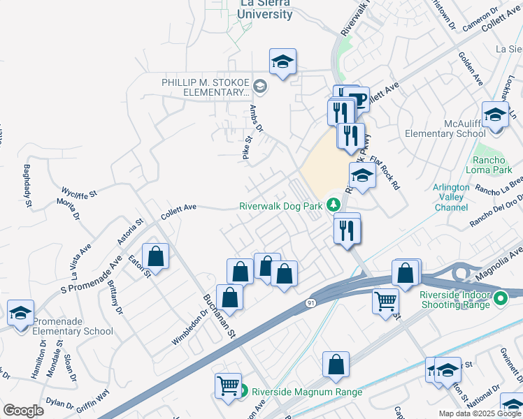 map of restaurants, bars, coffee shops, grocery stores, and more near 4186 Napa Lane in Riverside