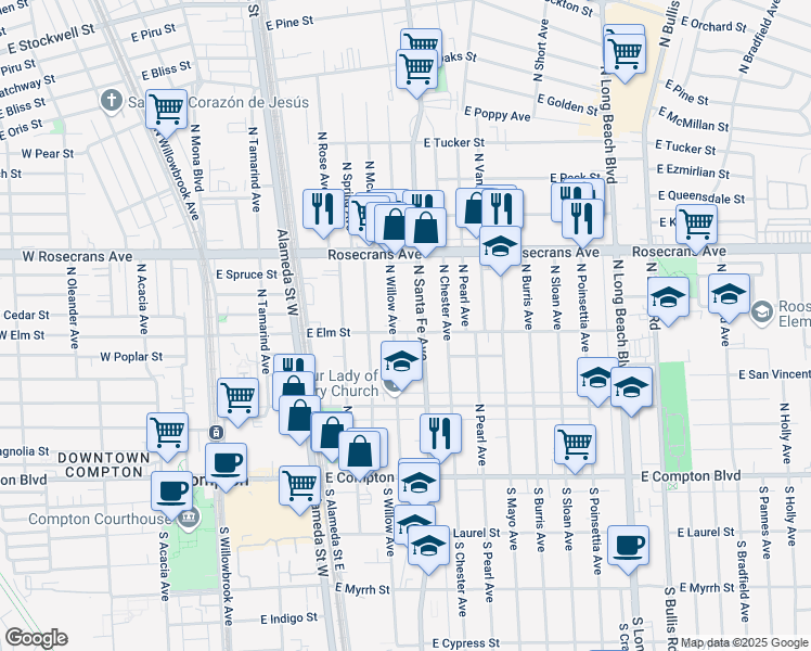 map of restaurants, bars, coffee shops, grocery stores, and more near 805 North Santa Fe Avenue in Compton