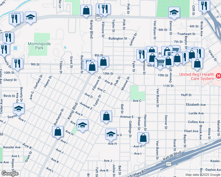 map of restaurants, bars, coffee shops, grocery stores, and more near 1203 Taylor Street in Wichita Falls