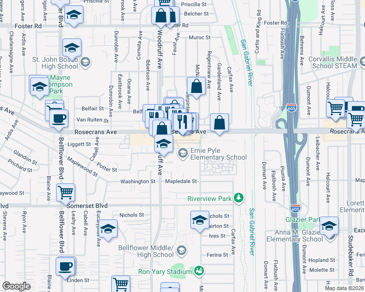 map of restaurants, bars, coffee shops, grocery stores, and more near in Bellflower