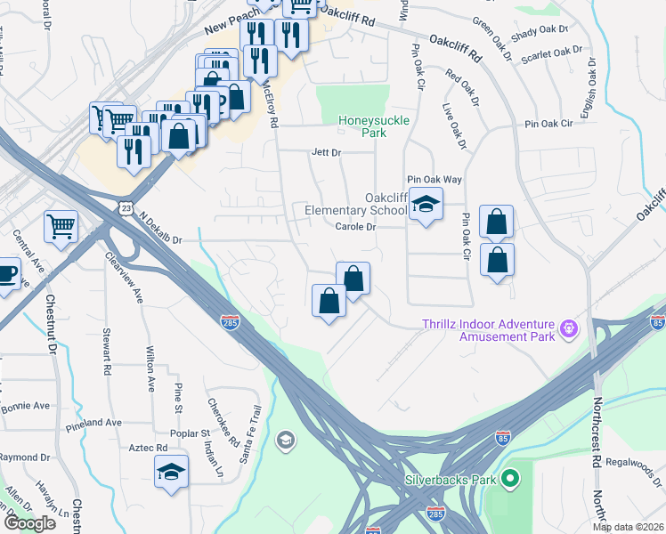 map of restaurants, bars, coffee shops, grocery stores, and more near 3748 Jamestown Court in Doraville