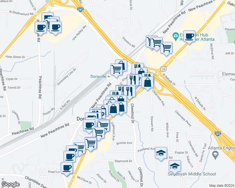 map of restaurants, bars, coffee shops, grocery stores, and more near Park Avenue in Atlanta