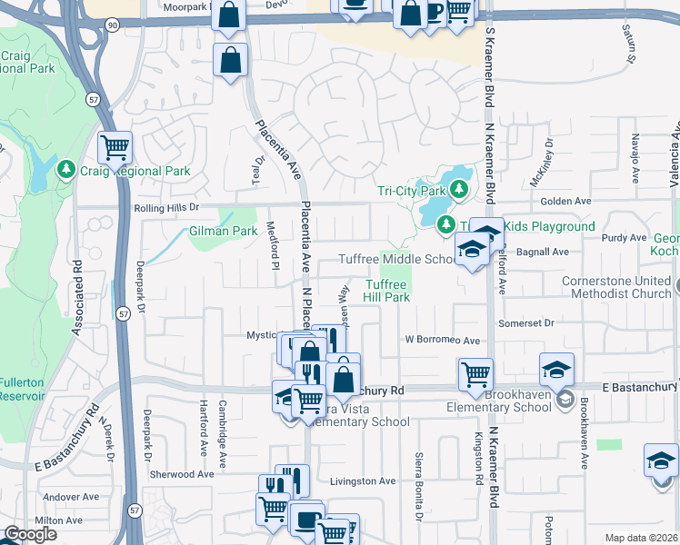 map of restaurants, bars, coffee shops, grocery stores, and more near 419 Clairmont Avenue in Placentia