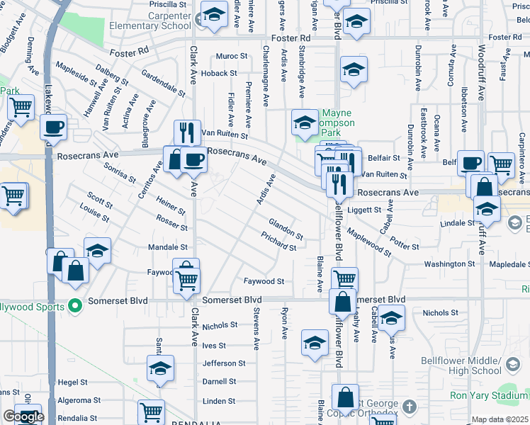 map of restaurants, bars, coffee shops, grocery stores, and more near 9615 Cloverwood Street in Bellflower