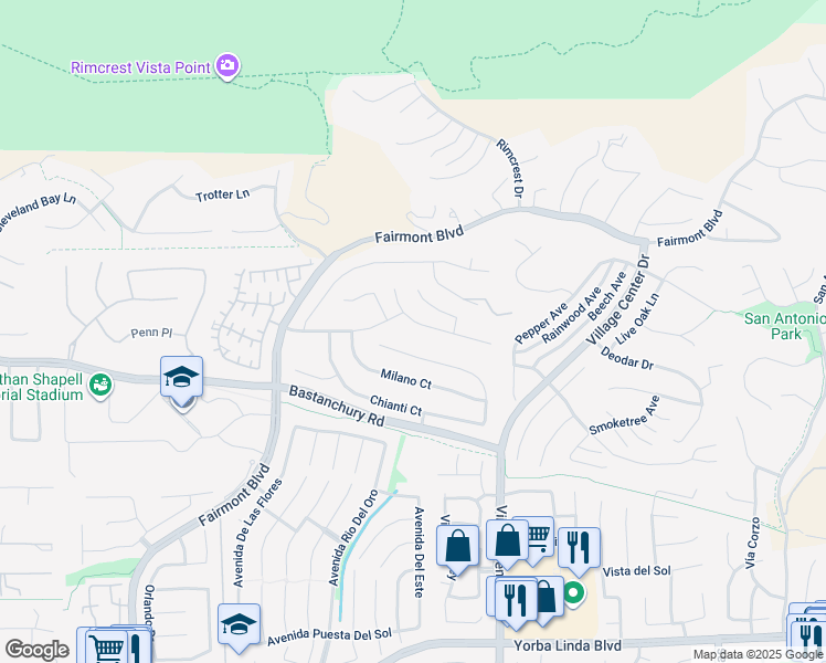 map of restaurants, bars, coffee shops, grocery stores, and more near 4109 Cortona Court in Yorba Linda