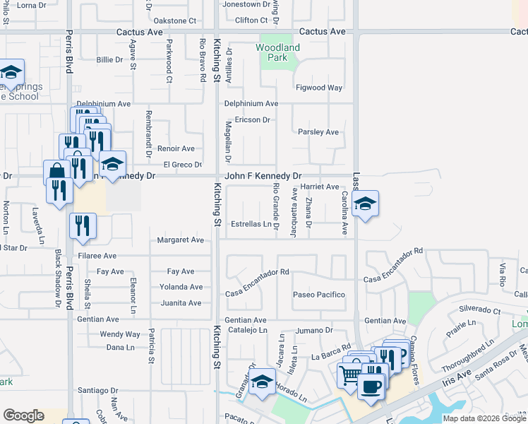 map of restaurants, bars, coffee shops, grocery stores, and more near 15098 Marte Circle in Moreno Valley
