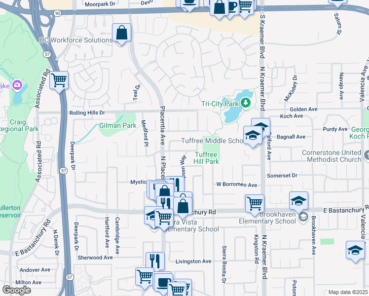 map of restaurants, bars, coffee shops, grocery stores, and more near 313 Marymont Avenue in Placentia
