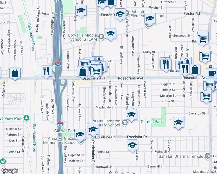 map of restaurants, bars, coffee shops, grocery stores, and more near 11059 Liggett Street in Norwalk