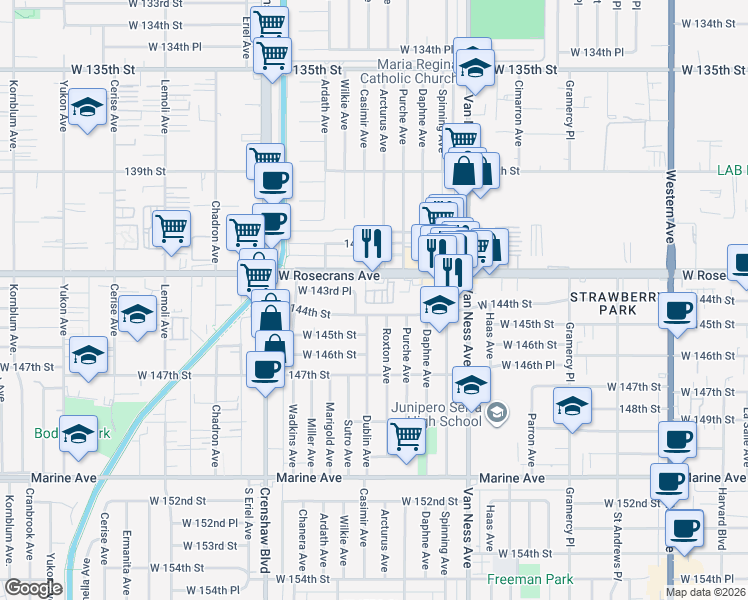 map of restaurants, bars, coffee shops, grocery stores, and more near 2510 Rosecrans Avenue in Gardena