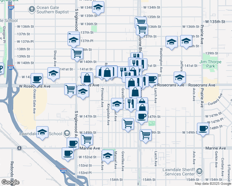 map of restaurants, bars, coffee shops, grocery stores, and more near 4550 Rosecrans Avenue in Hawthorne
