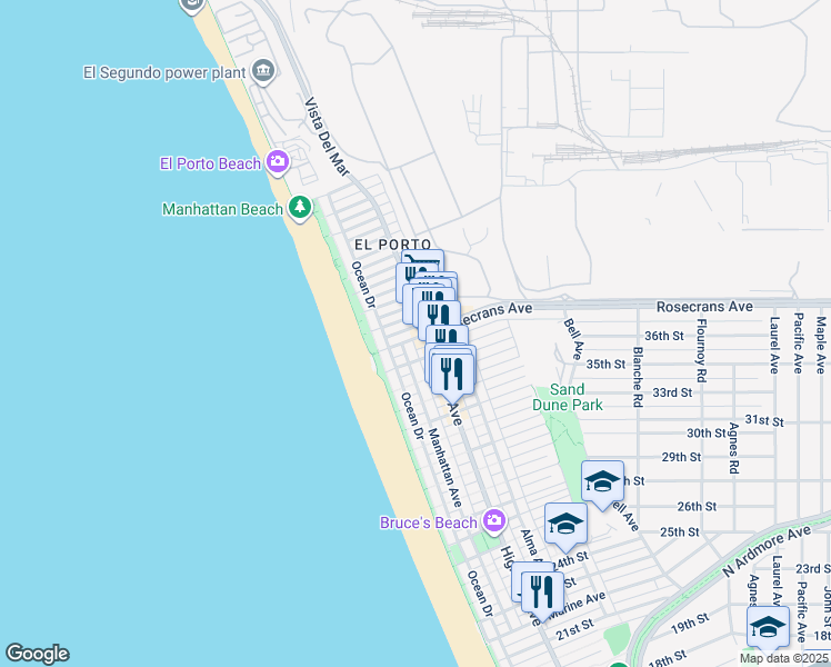 map of restaurants, bars, coffee shops, grocery stores, and more near 205 38th Street in Manhattan Beach