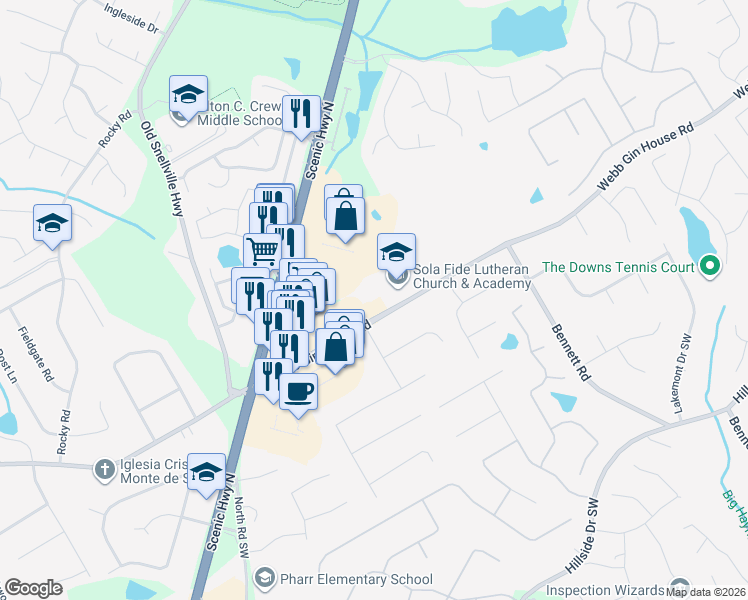 map of restaurants, bars, coffee shops, grocery stores, and more near 1375 Webb Gin House Road in Lawrenceville