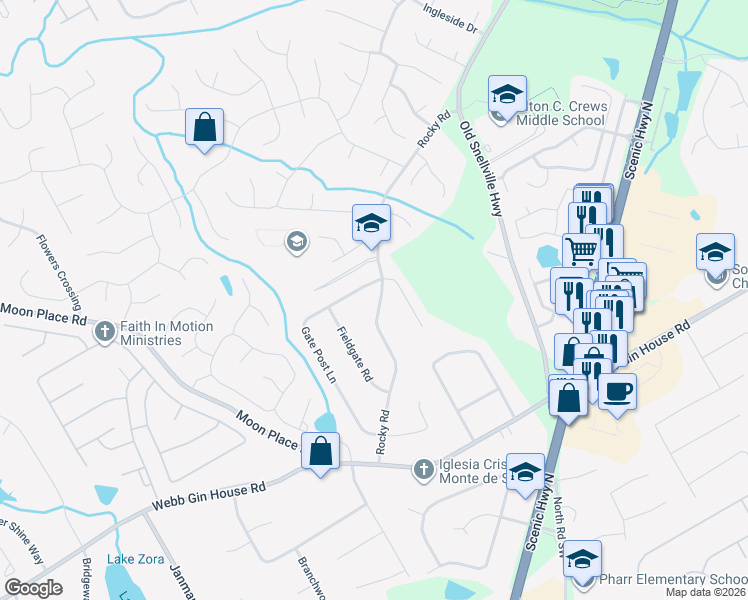 map of restaurants, bars, coffee shops, grocery stores, and more near 1101 Rocky Road in Lawrenceville