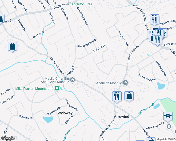 map of restaurants, bars, coffee shops, grocery stores, and more near 947 Amberly Drive in Norcross