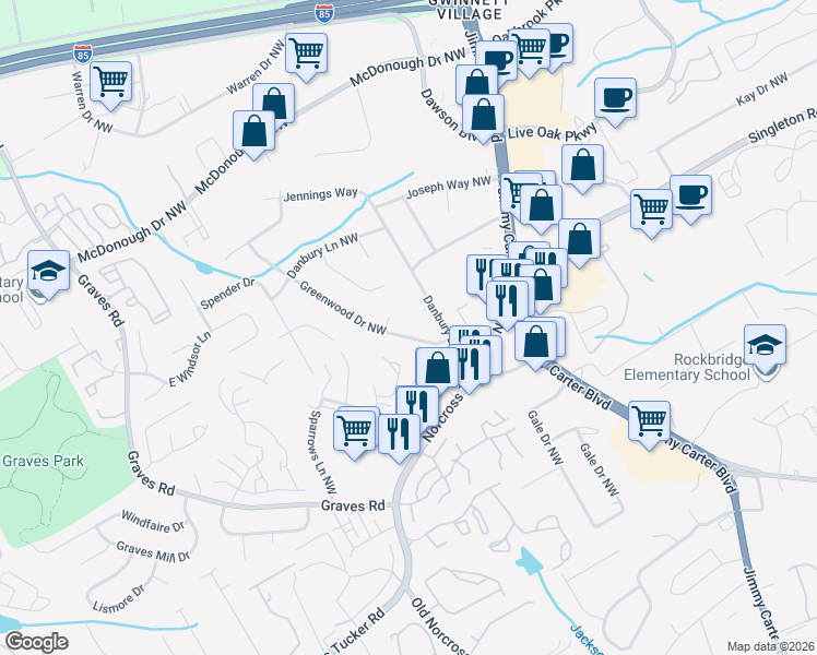 map of restaurants, bars, coffee shops, grocery stores, and more near 1500 Greenwood Drive Northwest in Norcross
