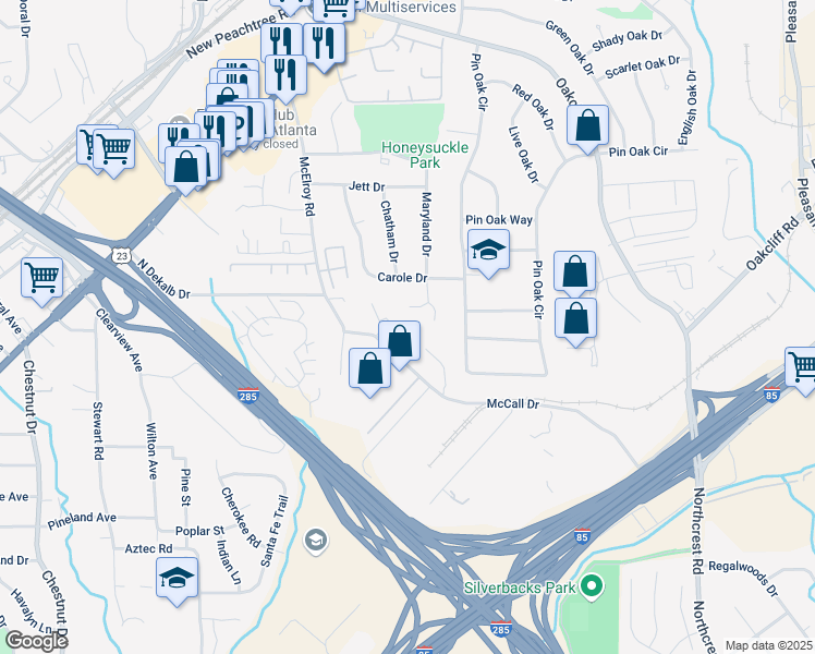 map of restaurants, bars, coffee shops, grocery stores, and more near 3082 Revere Court in Atlanta