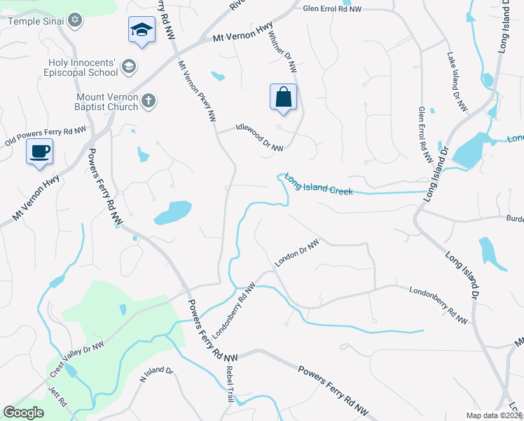 map of restaurants, bars, coffee shops, grocery stores, and more near 5310 New London Trce Northwest in Atlanta