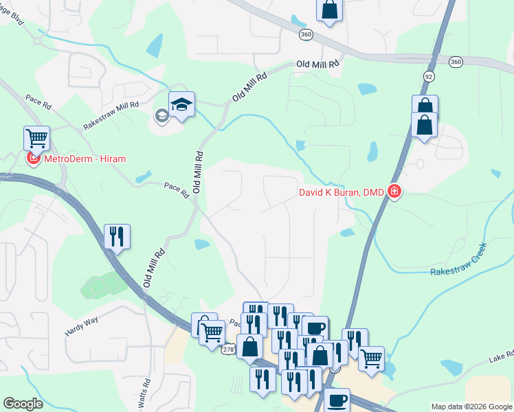 map of restaurants, bars, coffee shops, grocery stores, and more near 30 Corley Court in Hiram