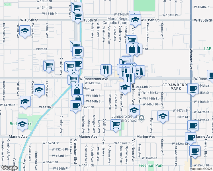 map of restaurants, bars, coffee shops, grocery stores, and more near 2510 Rosecrans Avenue in Gardena