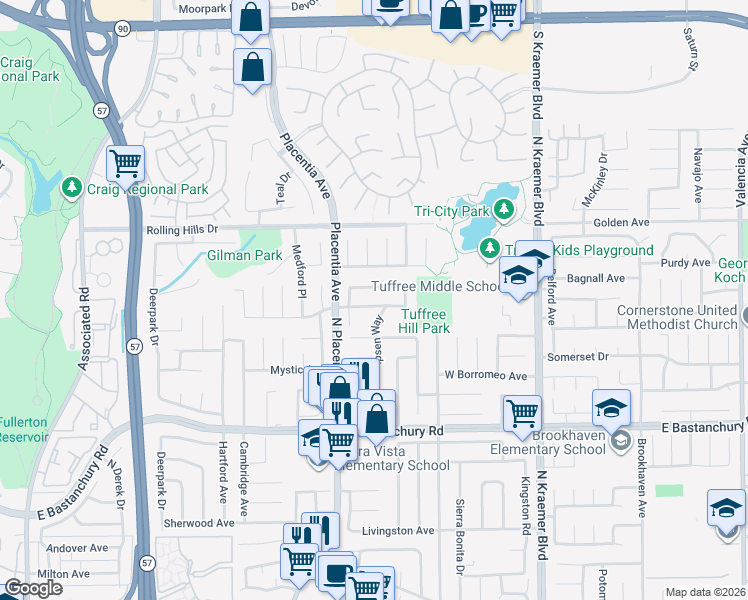 map of restaurants, bars, coffee shops, grocery stores, and more near 419 Clairmont Avenue in Placentia