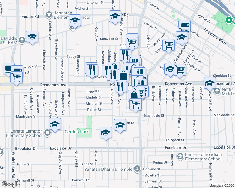 map of restaurants, bars, coffee shops, grocery stores, and more near 14324 Jersey Avenue in Norwalk