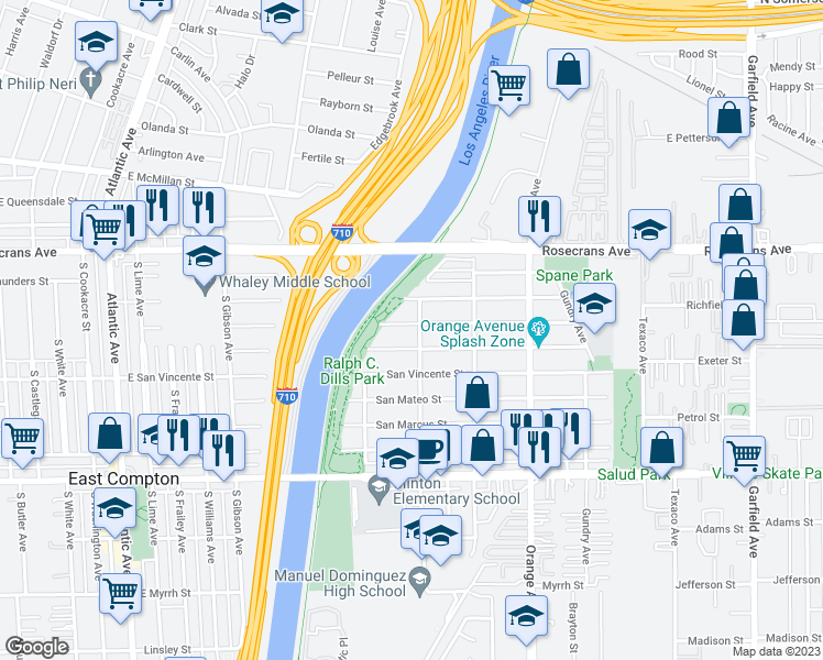 map of restaurants, bars, coffee shops, grocery stores, and more near 6552 San Juan Street in Paramount