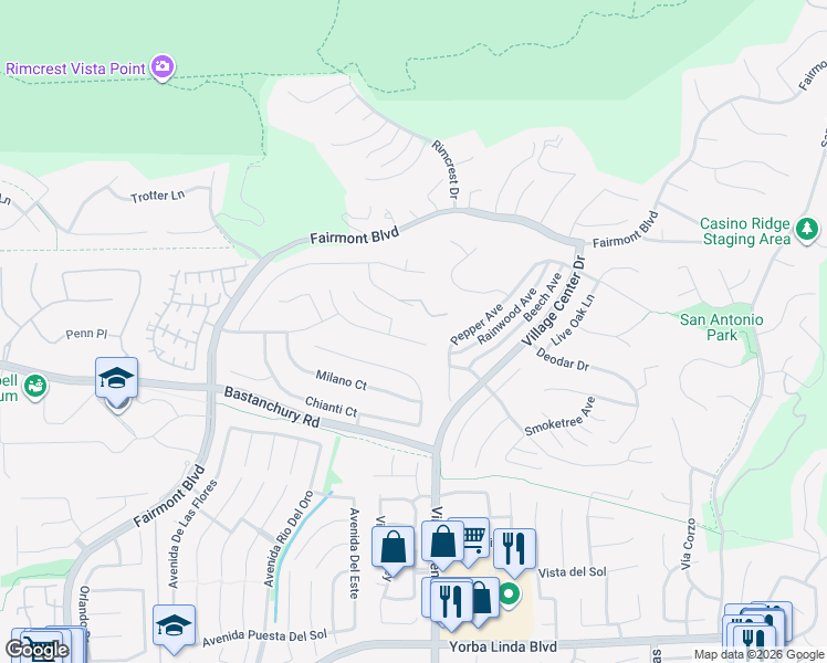 map of restaurants, bars, coffee shops, grocery stores, and more near 4090 Naples Court in Yorba Linda