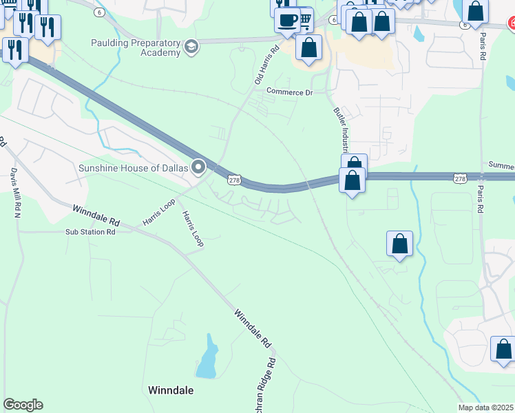 map of restaurants, bars, coffee shops, grocery stores, and more near 1175 Old Harris Road in Dallas