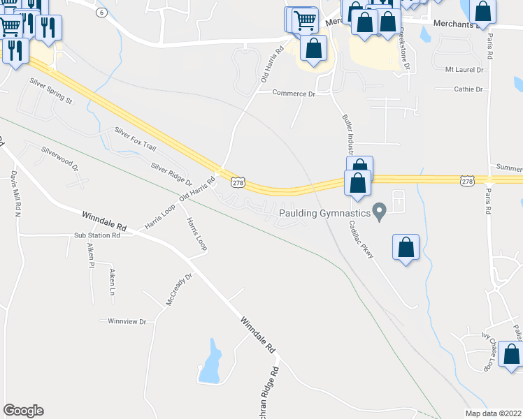 map of restaurants, bars, coffee shops, grocery stores, and more near 1175 Old Harris Road in Dallas