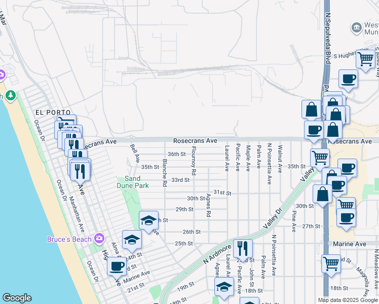 map of restaurants, bars, coffee shops, grocery stores, and more near 702 36th Place in Manhattan Beach