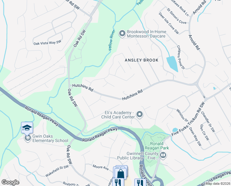 map of restaurants, bars, coffee shops, grocery stores, and more near 2829 Hutchins Road in Lawrenceville
