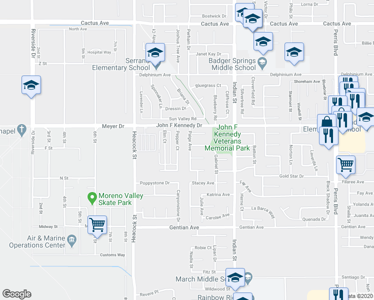 map of restaurants, bars, coffee shops, grocery stores, and more near 15113 Paige Avenue in Moreno Valley