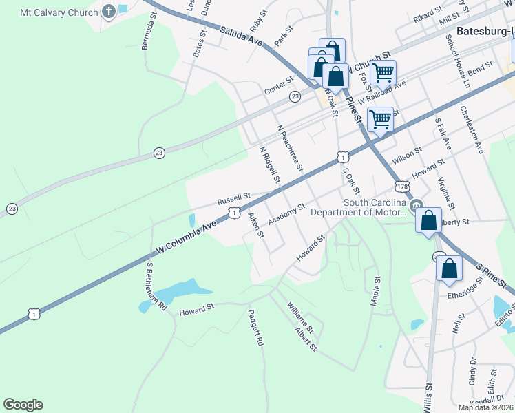map of restaurants, bars, coffee shops, grocery stores, and more near 622 West Columbia Avenue in Batesburg-Leesville