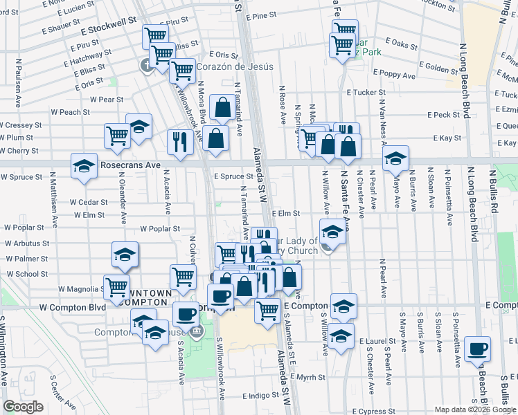 map of restaurants, bars, coffee shops, grocery stores, and more near 801 Alameda Street West in Compton