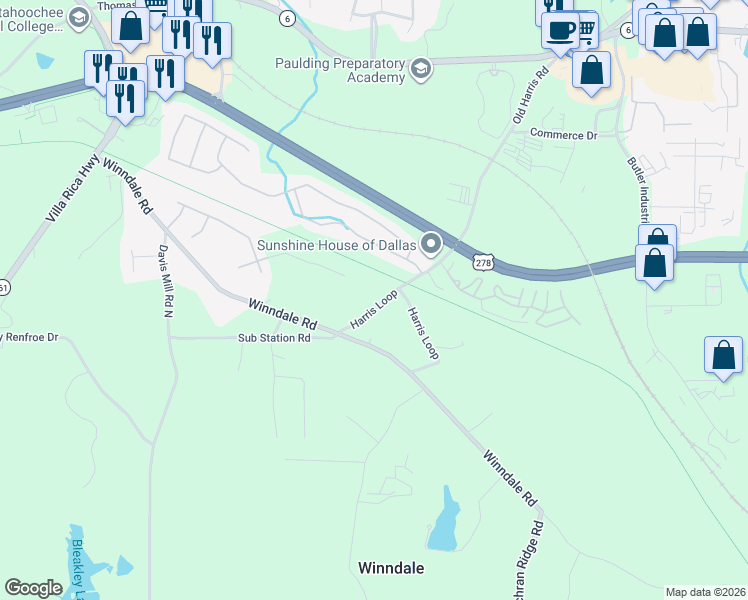 map of restaurants, bars, coffee shops, grocery stores, and more near 147 Harris Loop in Dallas