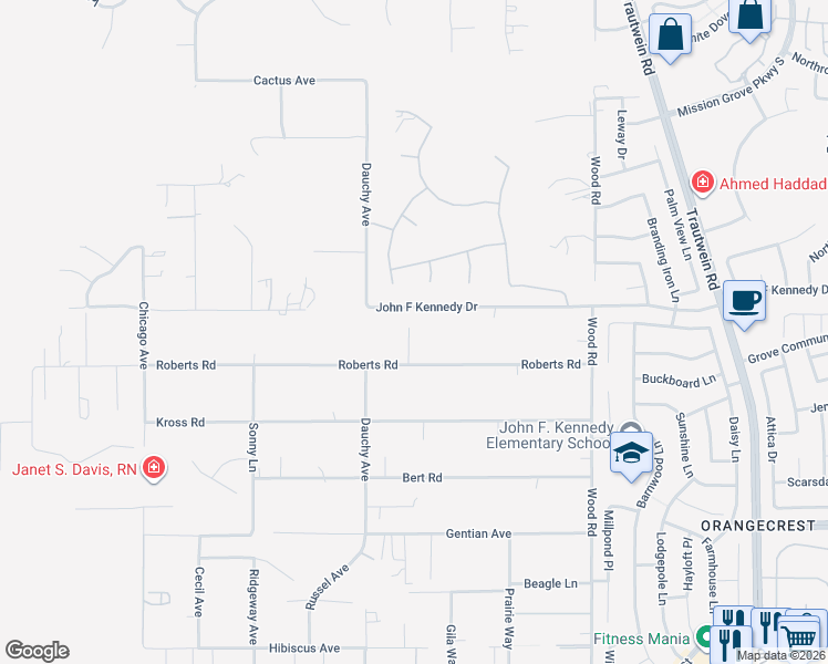 map of restaurants, bars, coffee shops, grocery stores, and more near 18590 Roberts Road in Riverside