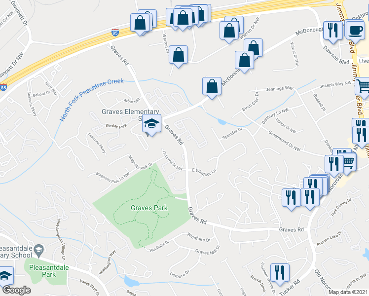 map of restaurants, bars, coffee shops, grocery stores, and more near Graves Rd in Norcross