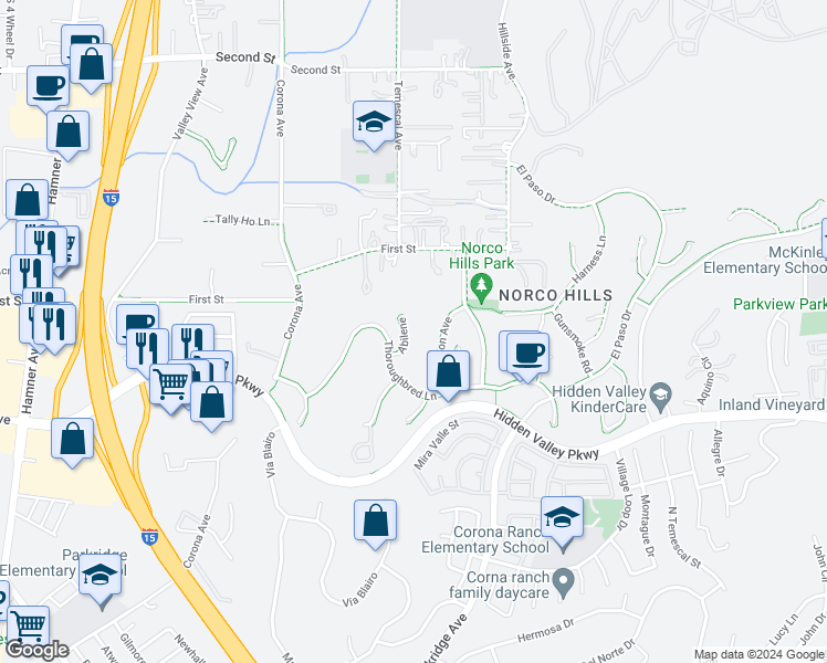 map of restaurants, bars, coffee shops, grocery stores, and more near 1333 Abilene in Norco