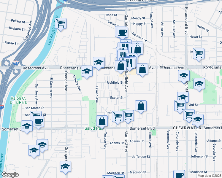 map of restaurants, bars, coffee shops, grocery stores, and more near 7260 Richfield Street in Paramount