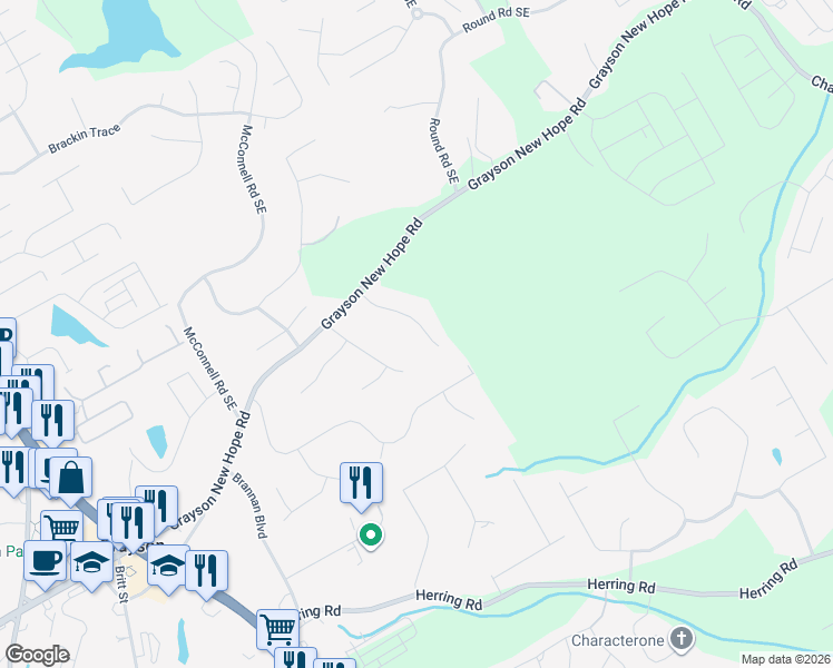map of restaurants, bars, coffee shops, grocery stores, and more near 2074 Green Gate Place in Grayson