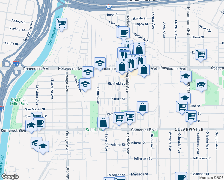 map of restaurants, bars, coffee shops, grocery stores, and more near 7260 Richfield Street in Paramount