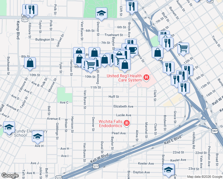 map of restaurants, bars, coffee shops, grocery stores, and more near 1804 11th Street in Wichita Falls
